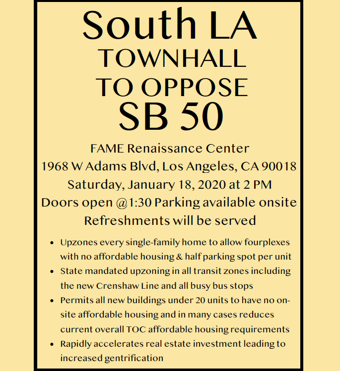 South LA Town Hall to Oppose SB 50
